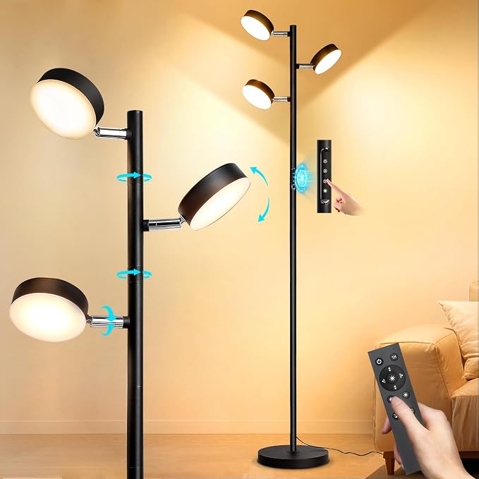 Tree Floor Lamp for Living Room - Modern Black Standing Lamp | LED Floor Light with Remote & Touch, 3000K-6000K Dimmable for Bedroom Office Reading (3 Head)