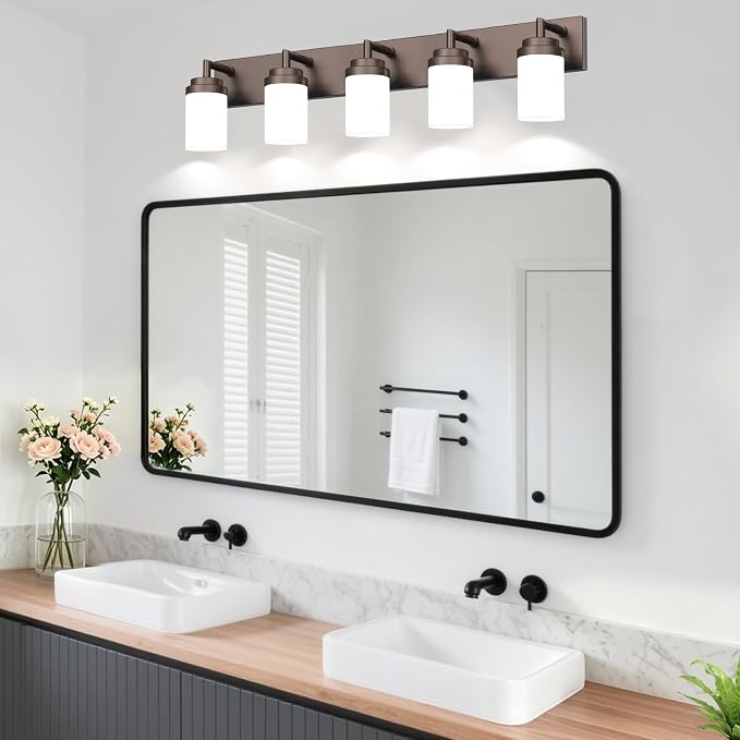 Bathroom Light Fixtures, Oil Rubbed Bronze Bathroom Lighting Fixtures Over Mirror, Modern Vanity Light with White Glass Shade, Restroom Lighting Fixtures, 5-Light 36-inch