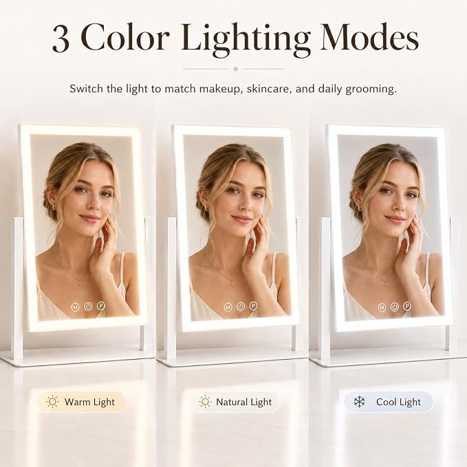 ROLOVE 16"x13" Vanity Mirror with Lights, Three Colors Lighting Mode, 360°Rotation, Lighted Makeup Mirror wih Stand for Desk, Bedroom, Dorm, Gifts for Women