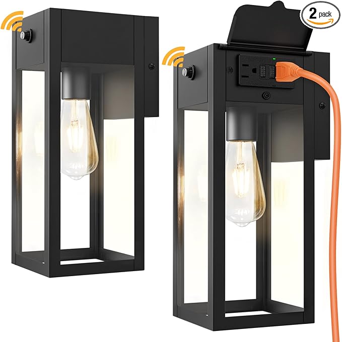 Dusk to Dawn Outdoor Light Fixtures Wall Mount, Outdoor Porch Lights with Outlet, Dusk to Dawn Outdoor Lighting for Doorway, Garage- Black