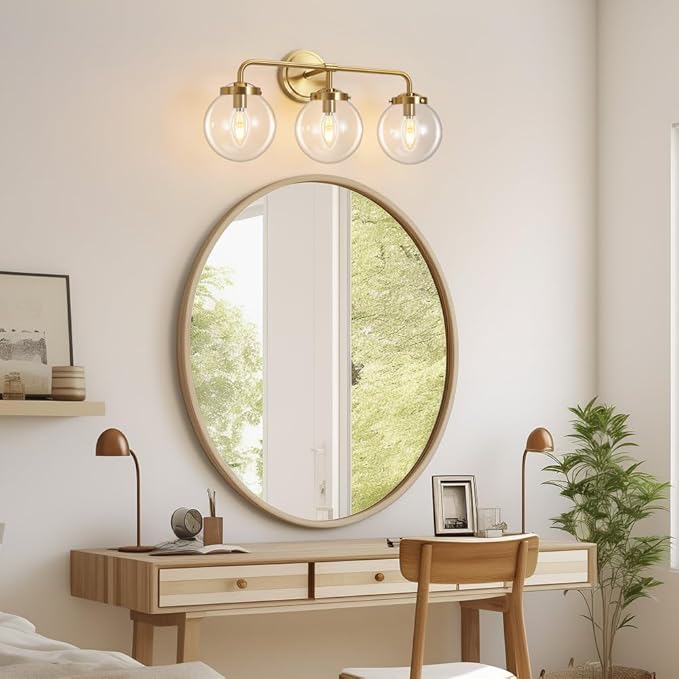 Gold Bathroom Vanity Light Fixtures Over Mirror, Modern Brass 3 Lights Wall Sconce Lighting with Transparent Glass Ball Shade, Mid Century Farmhouse Vanity Lights