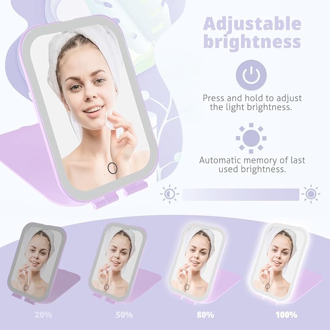 Travel Makeup Mirror, Portable Rechargeable Mirror with Lights | USB-Rechargeable, 3 Color LED Lighting, Adjustable Brightness, 7.9x5.4 inch, 1200mAh Battery, Gift for Women and Girls,Purple