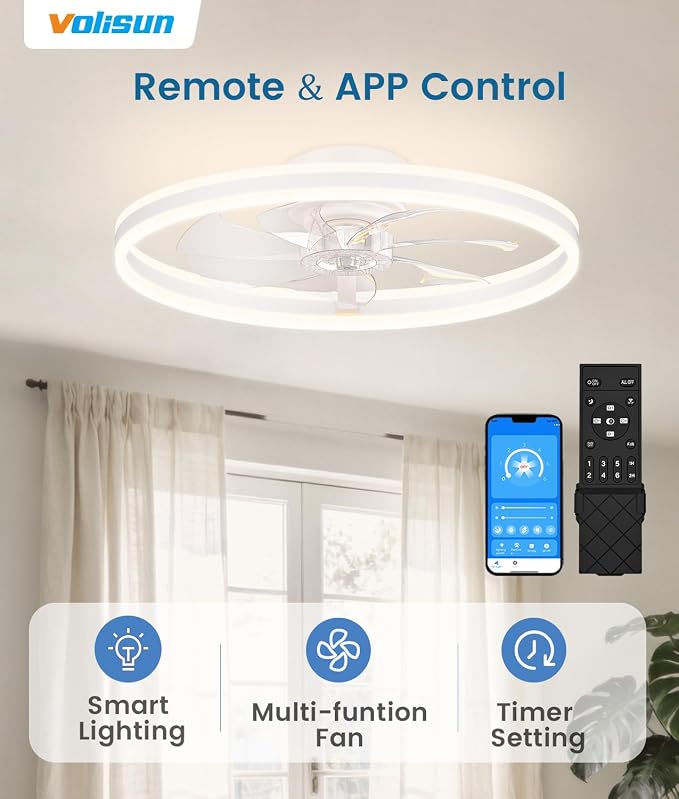 VOLISUN Low Profile Ceiling Fans with Lights and Remote, 24in Flush Mount Ceiling Fans with Light, 3000K-6500K Dimmable Fandelier LED Fan Light, White Bladeless Ceiling Fans with Lights for Bedroom