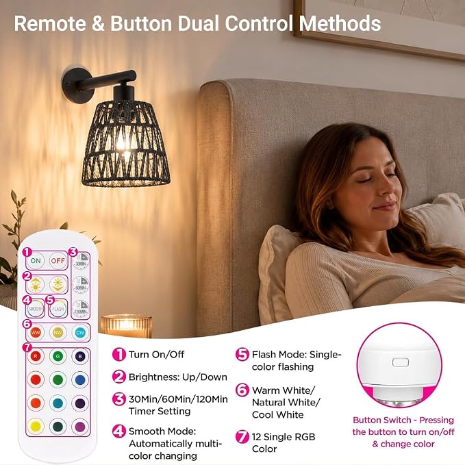Black Battery Operated Wall Sconces Set of 2, Rattan Wall Sconces with Remote, RGB 15 Colors Dimmable Rechargeable Wall Light, Indoor Wireless Wall Lamp for Bedroom