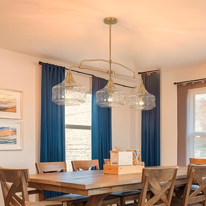 Farmhouse 3-Light Adjustable Kitchen Island Lighting with Clear Glass Shades, Brass Gold Finish Pendant Lights for Dining Room Table, Industrial Island Lights Chandelier for Modern Home Decor