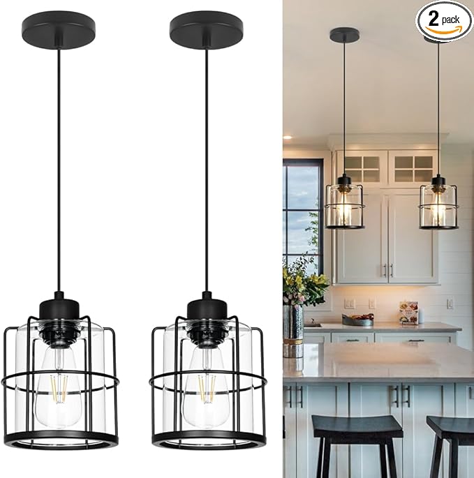 5.91in Industrial Black Pendant Lights Kitchen Island, Glass Island Pendant Lights Set of 2, Small Ceiling Kitchen Island Lights with Adjustable Cord, Farmhouse Hanging Light for Hallway Bathroom