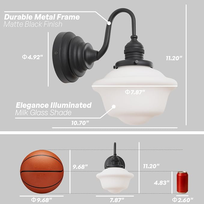 Vintage Wall Sconce Black Milk Glass Bathroom Vanity Light | 1 Pack,Bathroom Light Fixtures,Matte Black,Frosted Milk Glass,Hardwired Only,E26 Base,for Bathroom Mirror Hallway