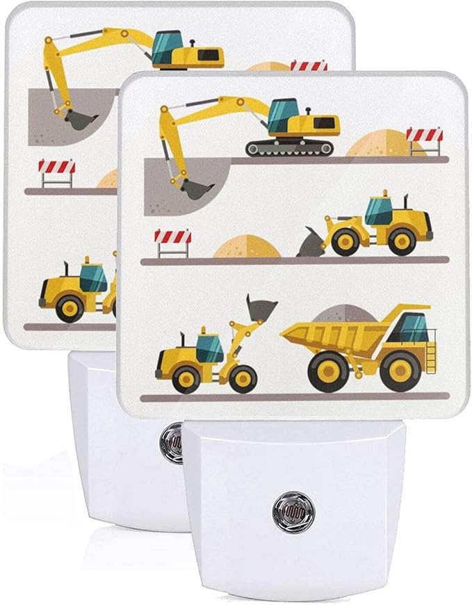 Cartoon Machinery Excavator Truck and Loader Night Light Set of 2 Auto Sensor LED Dusk-to-Dawn Nightlights Plug-in Sensor Lamp for Bedroom Bathroom Kitchen Hallway Stairs Decorative
