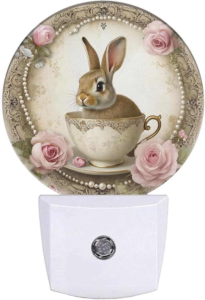 Mugod Rabbit Plug-in Nightlights Vintage Teacup Bunny and Roses Night Light Plug into Wall with Dusk-to-Dawn Sensor LED Lighting 0.5W Sleep-Friendly