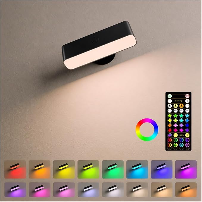 EZVALO Battery Operated Wall Sconce, Rechargeable Magnetic Wall Light with Remote, RGB Mood Lighting & 3 White Tones, Dimmable Wall Lamp for Bedroom, Gaming Room, Apartment Decor