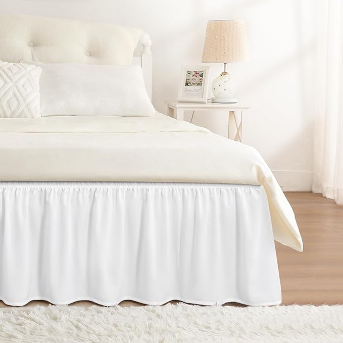 RIMELA Bed Skirt Twin Size Bright White 15 Inch Drop, Wrap Around Elastic Bedskirt, Dust Ruffle for Adjustable Bed Base Soft Durable Fabric Machine Washable Easy to Install Bed Skirts
