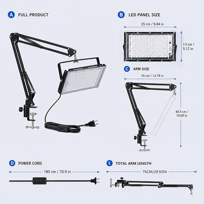 LED Work Bench Light, Adjustable Swing Arm Clamp Flood Light, Plug in Task Lamp for Garage Workshop Craft