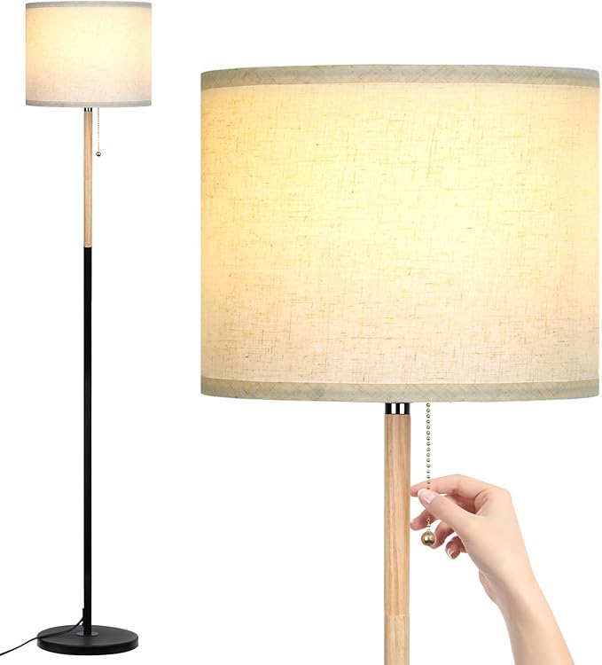 Bedroom Floor Lamp Farmhouse Floor Lamps for Living Room Mid-Century Pole Lamp with Linen Lamp Shade, Standing Tall Floor Lamps for Bedrooms and Office (White+ Wood Black Pole)