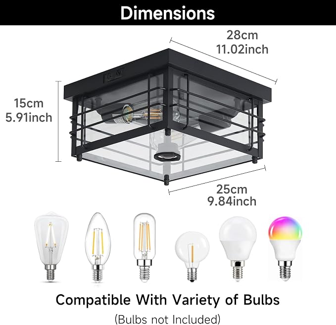 Yisuro Outdoor Ceiling Light with Motion Sensor, Dusk to Dawn Flush Mount Ceiling Light, Adjustable Timer & Sensitivity, Exterior Porch Light Fixture for Front Door, Patio, Garage, Square, Black