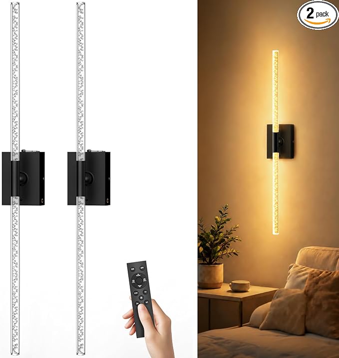 Crystal Bubble Wall Sconces Set of 2, Black 10000mAh Rechargeable | Wireless Lights with Remote & 360° Rotate, 4 Color Temps Dimmable, 31.5" Wall Lamp for Bedroom Living Room Mirror