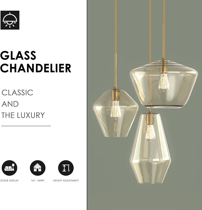 Modern Glass Pendant Light Champagne Gold Glass Chandelier Lighting Fixtures Dining Room Adjustable Hanging Cluster Pendant Lamp Nordic 3-Light Heads Pendant Lighting for Kitchen Bedroom