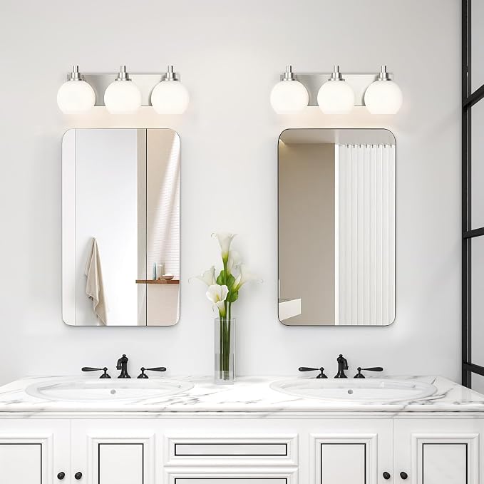 IZORRO Bathroom Light Fixtures, 3-Light Brushed Nickel Vanity Light, Modern Wall Sconces with Globe Milk White Glass Shade, Vanity Lighting Fixtures Over Mirror,E26 Bulb Socket