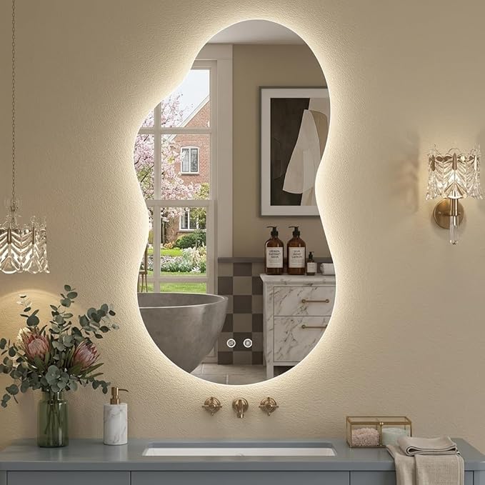 Irregular LED Mirror with Lights 40x24 Inch Backlit Asymmetrical Bathroom Mirrors for Wall Cloud Lighted Vanity Mirrors Shatterproof, Anti-Fog, Dimmable, 3 Colors (Horizontal/Vertical)