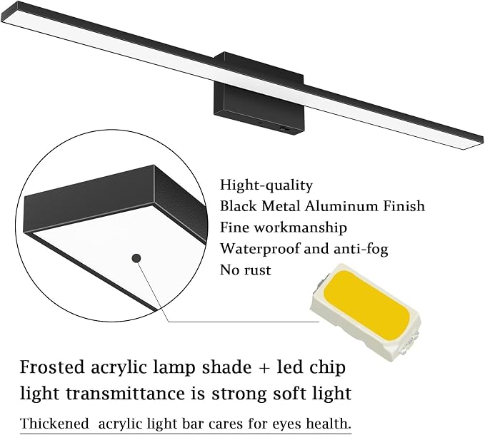 Ralbay 5 Color Temperature Dimmable Black Bathroom Vanity Light Bar 40inch Acrylic LED Modern Matte Black Bathroom Wall Lighting Fixtures Over Mirror