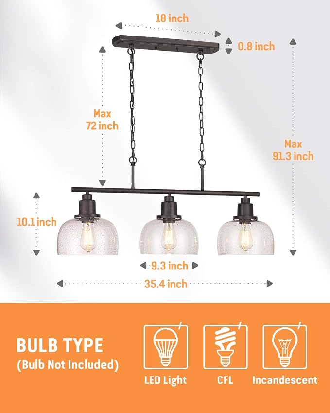 EAPUDUN 3-Light Kitchen Island Light, 35.4" Farmhouse Chandelier for Dining Room Pool Table Pendant Light, Black Finish with Seeded Bubble Glass, PDA1125-ORB