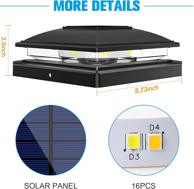 VOLISUN Black Solar Post Cap Lights, Warm White Fence Lights 4 Pack | Solar powered waterproof lamps fit 4x4/6x6 wooden & 4x4/5x5 vinyl posts for garden, patio, porch and backyard use