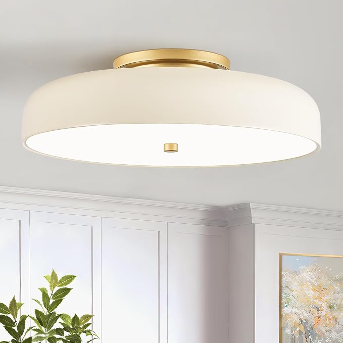 Dimmable LED Ceiling Light Fixture, Cream White, 5CCT, 15.7 Inch | Modern Mid-Century Semi Flush Mount Ceiling Light, Bedroom Close to Ceiling Lamp for Living Room, Kitchen