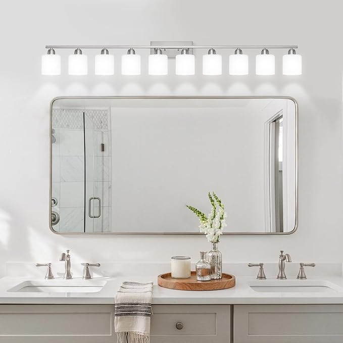 Brushed Nickel Bathroom Sink Lighting Fixtures for Giant Mirror, Anti-Rust Finish 65 inch 10 Light Bathroom Vanity Light Fixtures Modern with Milky White Frosted Glass
