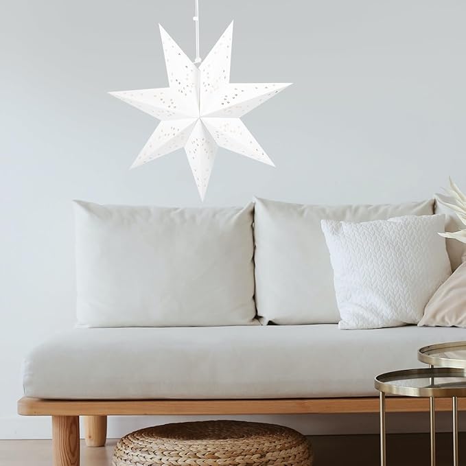 VICASKY Paper Star Lantern - Anti-Tear Reinforced Lamp Shade for Christmas Decoration: Seven-Pointed Hanging Light for Wedding Party - 17.7in White