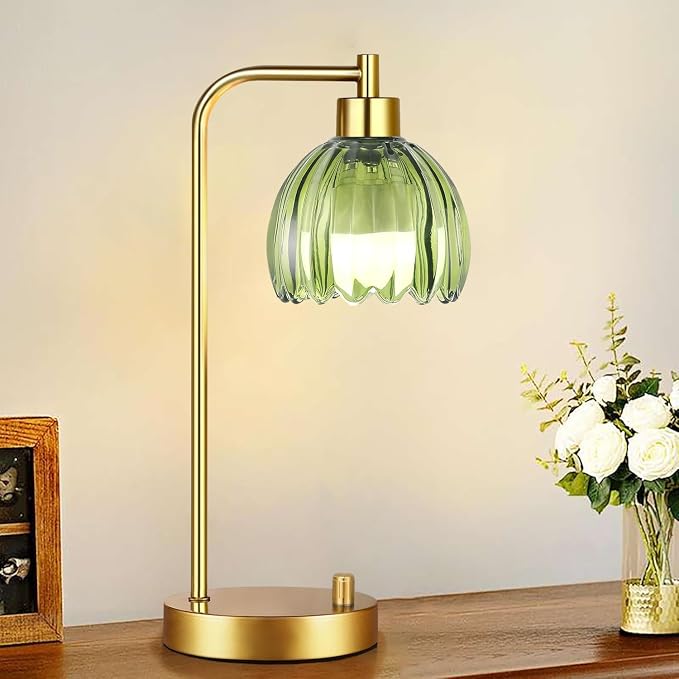 ILLMTW Green Table Lamp Set of 2,Small Glass Bedside Lamps Dimmable Boho Bedroom Lamp with Tulip Flower Lamp Shade,Gold Vintage Mid Century Modern Mini Nightstand Lamp for Bedroom Living Room