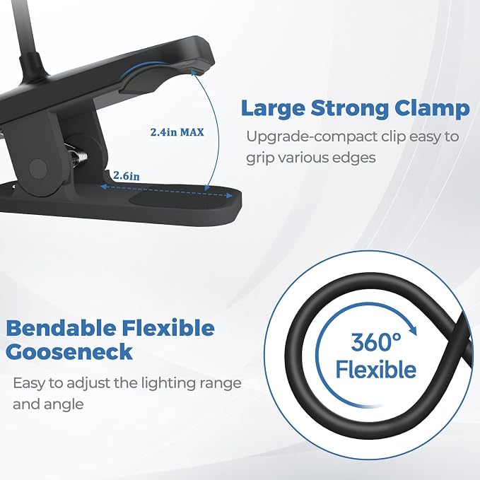 CUHIOY 2Pack Rechargeable Clip on Reading Light for Bed Headboard, Black | 5 Colors 5 Brightness Bed Light, Battery Flexible Neck Desk Lamp with Strong Clamp, Flicker-Free Night Light, Kids Bunk Bed