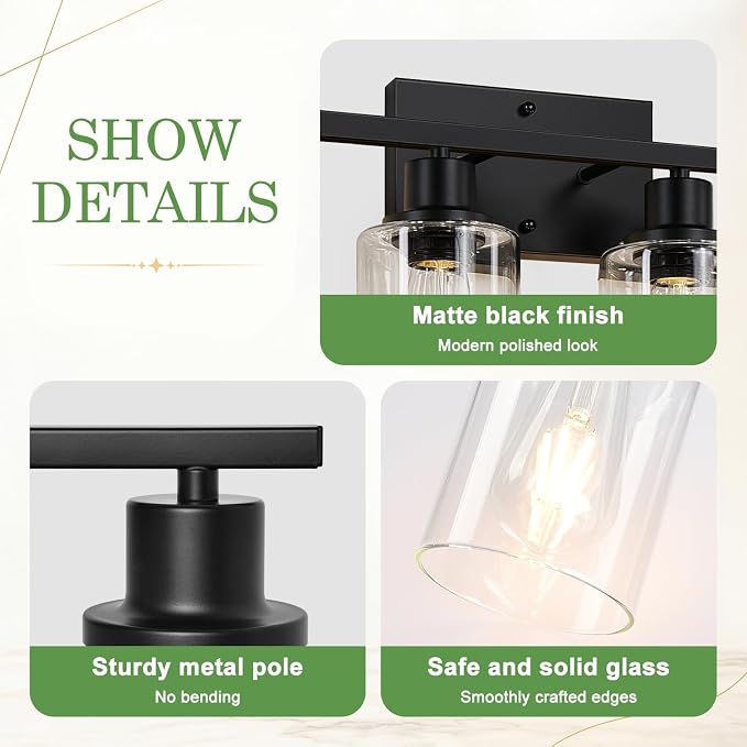 MOKATNG 8-Light Bathroom Light Fixtures, Vanity Light with Clear Glass Shades, Matte Black Bathroom Light Fixtures Over Mirror, Modern Bathroom Wall Lamp for Mirror Living Room Cabinet Bedroom