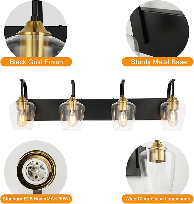 Black Bathroom Light Fixtures - 4-Light Vanity Light with Clear Glass Shades, 33.07'' Industrial Gold Wall Lights for Bedroom Hallway Living Room Kitchen