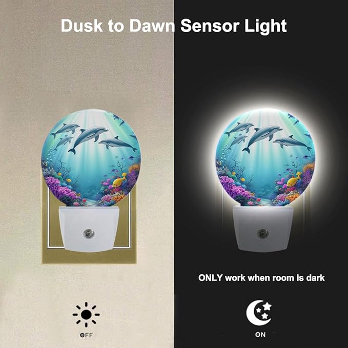EKOBLA Dolphin Plug-in Nightlights, Blue Coastal Nightlight, Ocean Underwater World Colorful Fishes Coral in The Deep Sea Night Lights Plug into Wall Auto Sensor LED for Home Bathroom