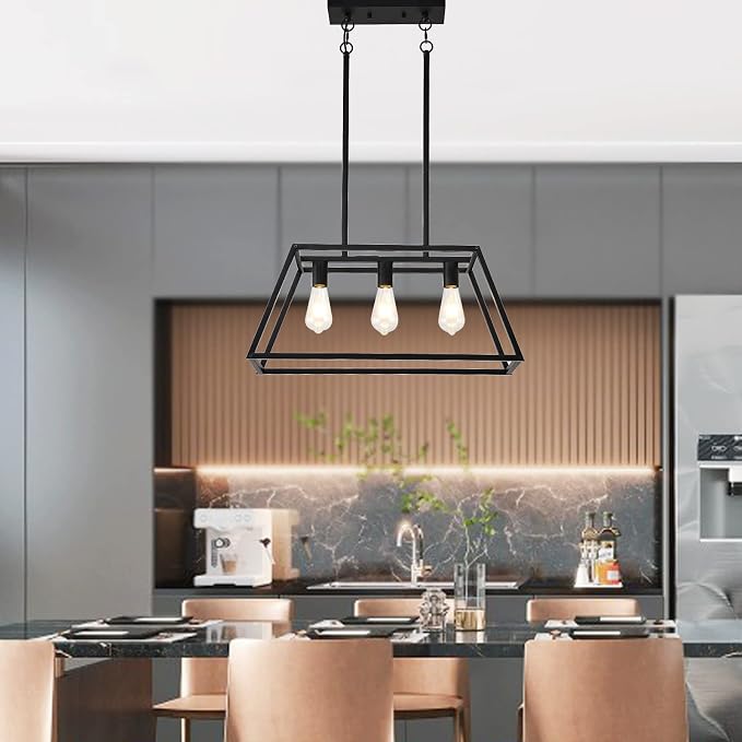 Kitchen Lighting Fixtures Ceiling Hanging Modern Linear Hanging Matte Black 3-Light Industrial Pendant Lighting for Kitchen Island