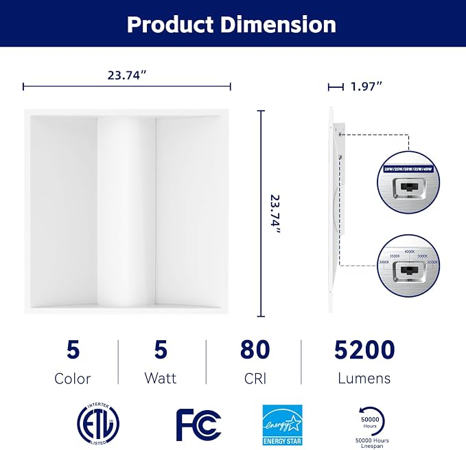 2x2 FT LED Center Basket Troffer Panel Light Drop Ceiling Lights | Dimmable 5CCT Color Tunable 3000K-6500K, 5 Watt Adjustable 40W/35/30/25/20W 0-10V , 120-277V-ETL Qualified, 4-Pack