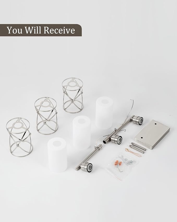 3-Light Brushed Nickel Bathroom Light Fixtures with Milk Frosted Glass, 21" Modern Bathroom Vanity Lighting Fixtures Over Mirror with Metal Cage, Wall Sconce Lights for Bath, E26, CH9176BNW-3W