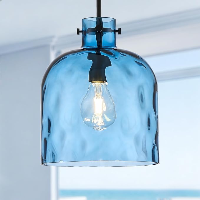 Blue Hammered Glass Pendant Light – 10-Inch Wide Single Dome Light Fixture, 1-Light E26 Ceiling Hanging Lamp for Kitchen Island, Dining Room, Hallway