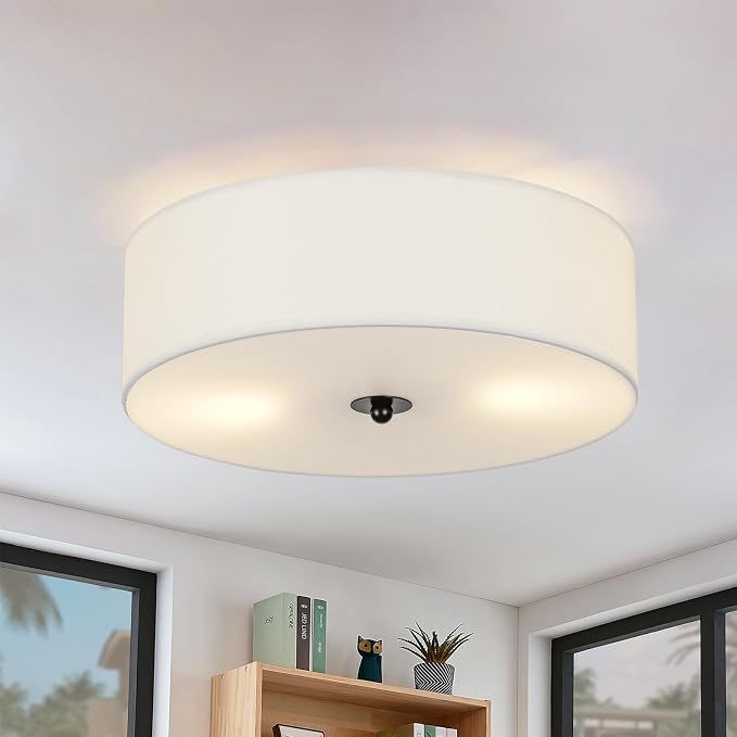 CALOKES Flush Mount Ceiling Light Fixture, 13" Close to Ceiling Light with White Fabric Linen Drum Shade, 2-Light Modern Round Ceiling Light for Bedroom Hallway Dining Kitchen
