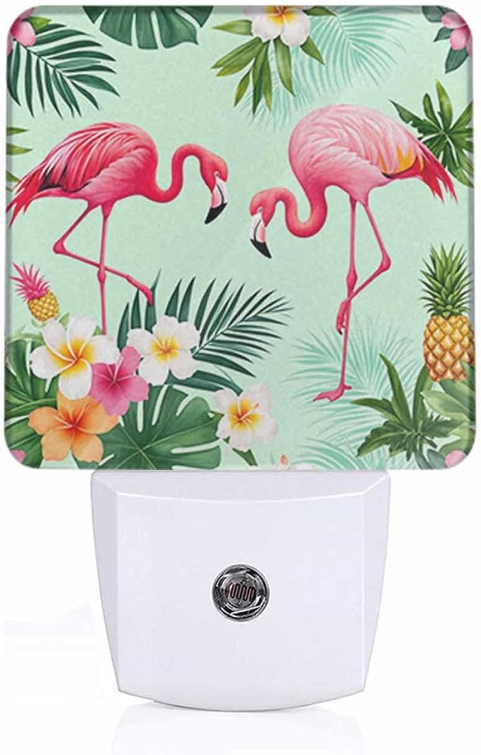 Pink Flamingos Night Light Tropical Flowers and Palm Leaves 0.5W Night Lights Auto LED Lamp Energy Saving Square Lights for Room Bedroom Bathroom