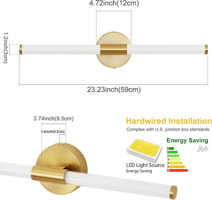 Gold Wall Sconces Set of Two Hardwired LED Vanity Light 23" | Dimmable 5CCT LED Bathroom Light Fixtures, 360° Full Lighting, Modern Vanity Light Bar for Bathroom Mirror
