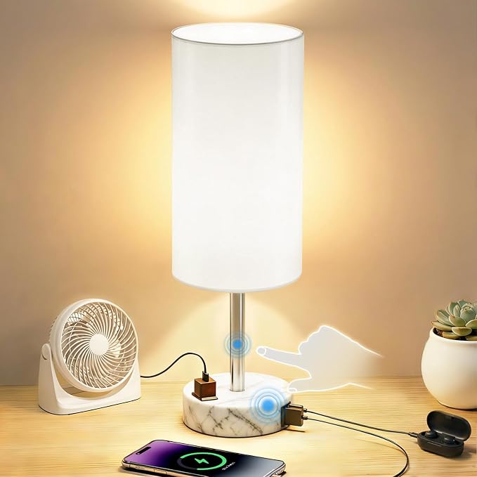 Table Lamp for Nightstand, High-Sensitivity Touch, 3-Level Dimmable Bedside Lamp with AC Outlet | USB | and USB-C, Ideal Night Stand Lamp for Bedroom (1, White&Marble)