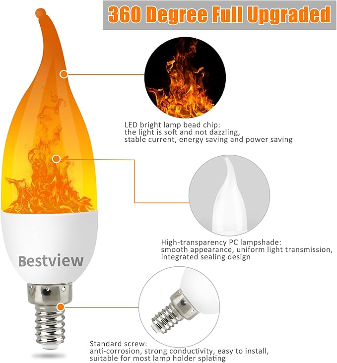 Bestview LED Flame Effect Light Bulbs,3 Modes Flickering Light Bulbs, Smart E12 Chandelier Base Candle Fire Light Bulb for Halloween, Christmas,Party, Porch, Indoor&Outdoor Home Decoration -2 Pack