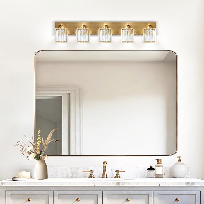 Gold Crystal Bathroom Vanity Light, 5-Light Modern Bathroom Lighting Fixtures Over Mirror,Chrome Wall Sconce Light Fixtures with Square Shade
