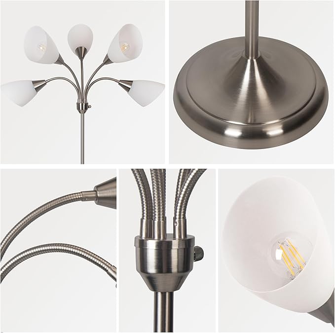 HonoDing Medusa Floor Lamps Standing Lamps 5 Heads Adjustable Reading Light Large Shade Use E26 A19 Bulb for Living Room Bedroom Satin Nickel