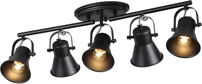 SEEBLEN 5-Light Track Lighting Kit, Directional Ceiling Light, Industrial Black Kitchen Track Lighting Fixtures Ceiling for Kitchen, Living Room, Dining Room, Hallway.