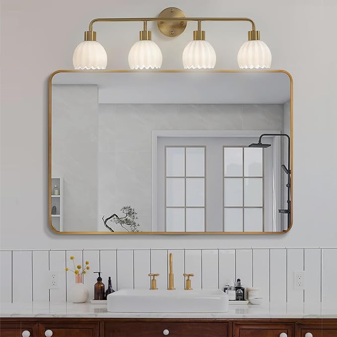 Brushed Gold 4-Light Vanlity Light Over Mirror,Wall Sconces,Gold Brass Bathroom Light Fixture with Milk White Glass Flower Shade,E26(Bulbs Not Included)