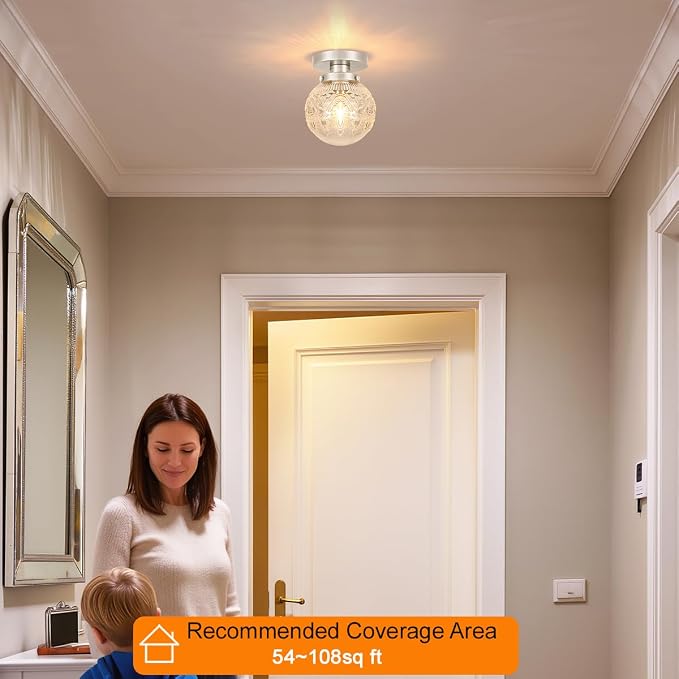 Daunton Semi Flush Mount Ceiling Light Fixtures, Vintage Globe Glass Ceiling Light Fixture, Antique Small Brushed Nickel Hallway Light Fixtures for Bedroom, Closet, Entryway, Bathroom, Kitchen