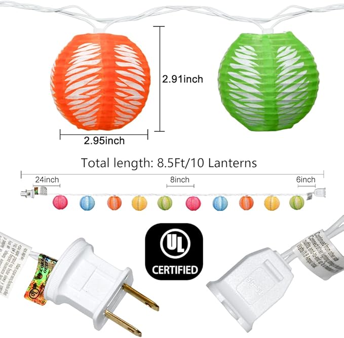Abeja Nylon Lantern String Lights 8.5 Ft Colorful Print Pattern Light with 10 Multicolor Lanterns for Garden Decorative Lights Indoor Outdoor Patio Party Wedding Bistro Bar Backyard, White Wire