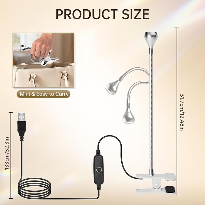 AORAEM U V Nail Lamp,Sliver 3W U V Light for Nails 35NM U V Gel X Nail Lamp with Gooseneck and Clamp for Gel Nail (AA-Silver)