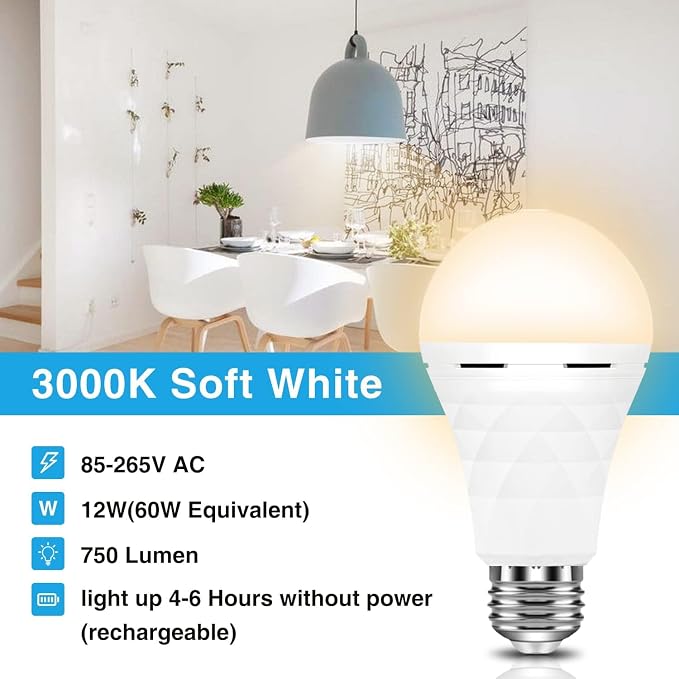Neporal A19 Rechargeable Light Bulbs, Socket Rechargeable Emergency Light Bulb for Power Failure, 1200mAh Battery Backup Light Bulbs for Home, Hurricane, Led Bulb 60 Watt Equiv. (Soft WHITE-6PK)